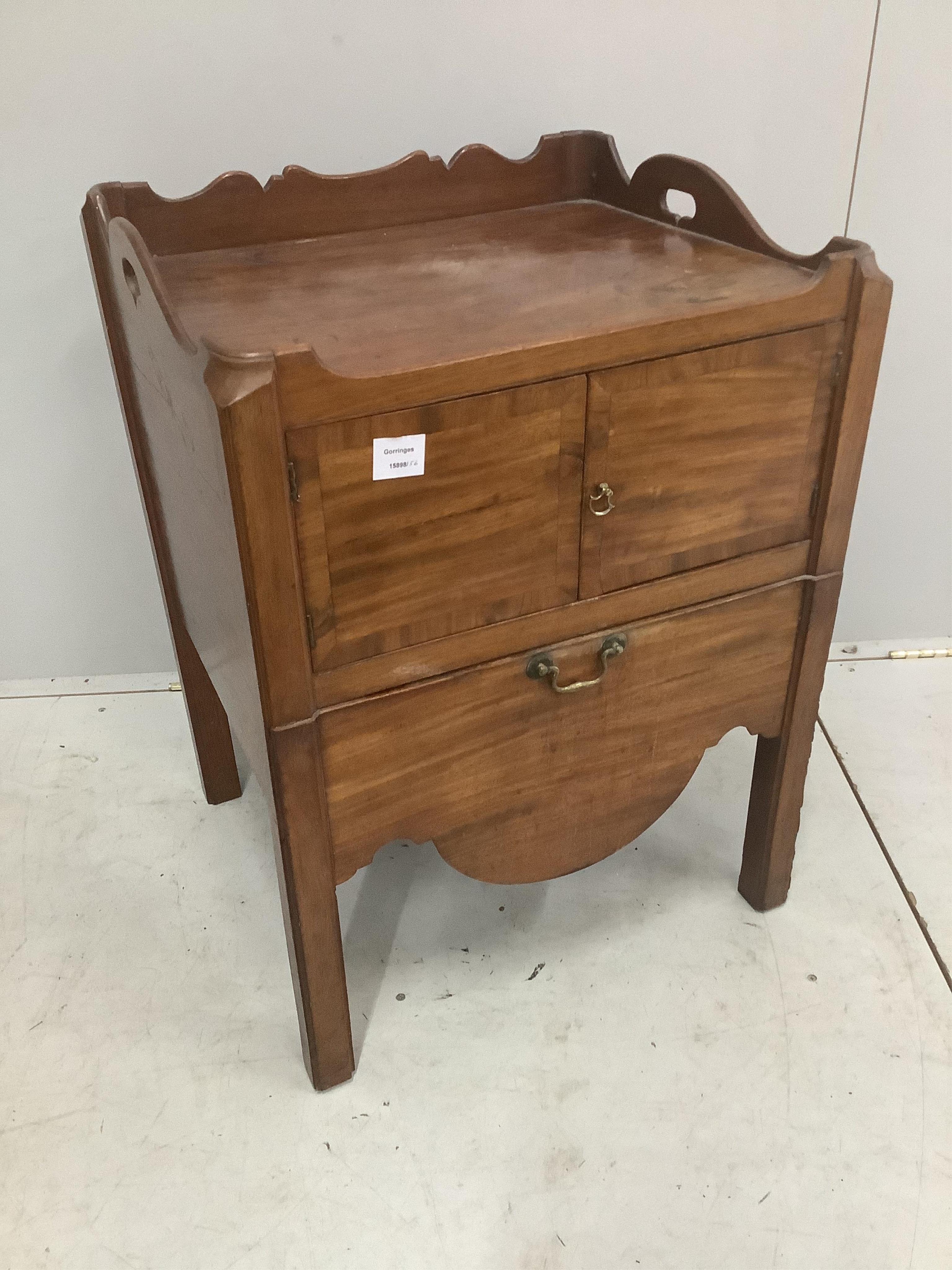 A George III mahogany tray top commode, width 57cm, depth 52cm, height 76cm. Condition - poor to fair